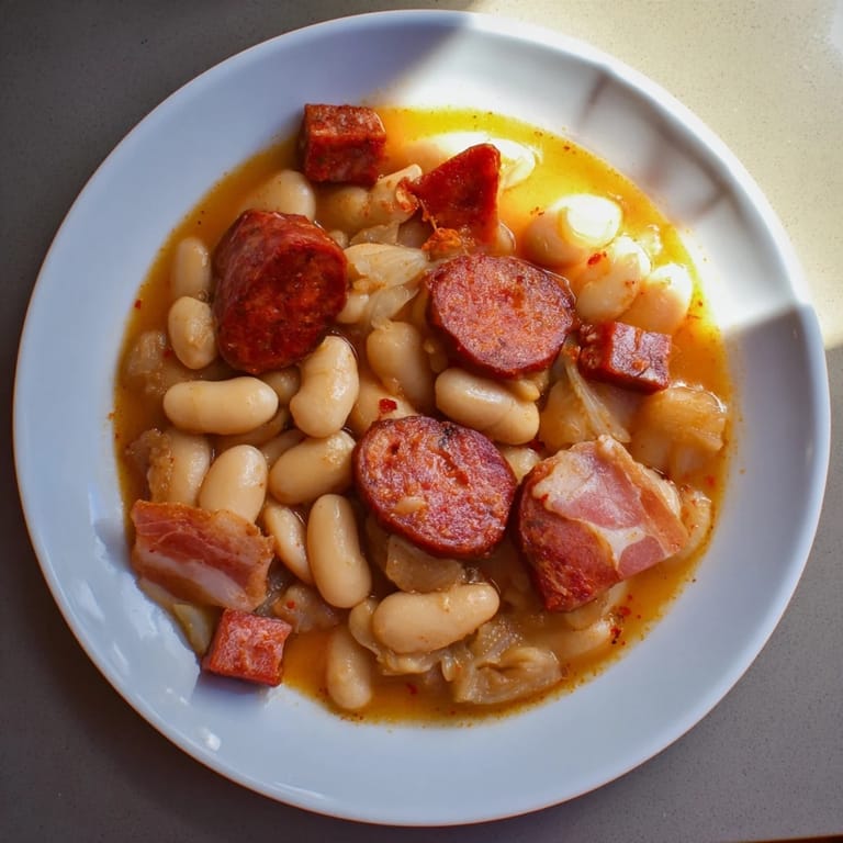 Enjoy a comforting bowl of Budget Fabada Asturiana; the Spanish white bean stew's aroma is inviting.