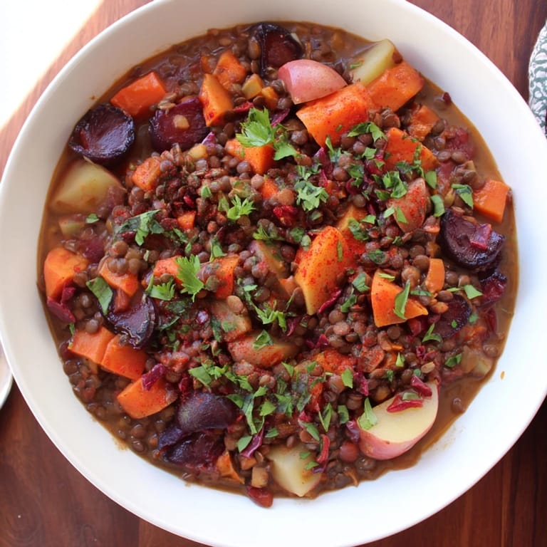 Close-up of Abuela's Secret Lentil Stew with Prunes, showcasing tender lentils and plump prunes.
