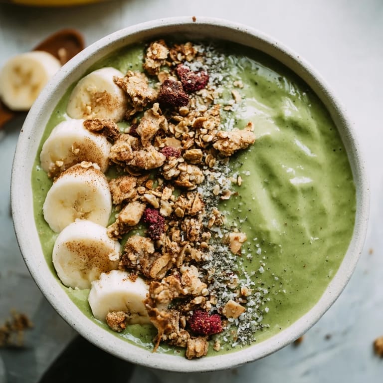 A delightful view of a gingerbread cookie matcha breakfast smoothie bowl, ready to enjoy with fresh fruit and seeds.