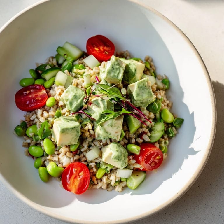 This Holiday Glow Green Goddess Protein Pasta Salad features chilled pasta with a bright green dressing, perfect for any gathering.
