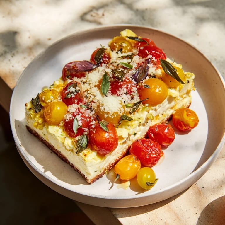 A close-up view of the festive Baked Feta Snowfall Cherry Tomato Christmas Pasta, ready to serve with Parmesan.