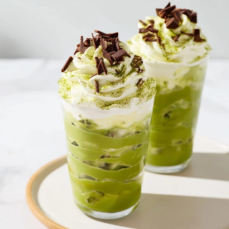 A refreshing, festive sugar-free white chocolate candy cane iced matcha with whipped cream and mint.