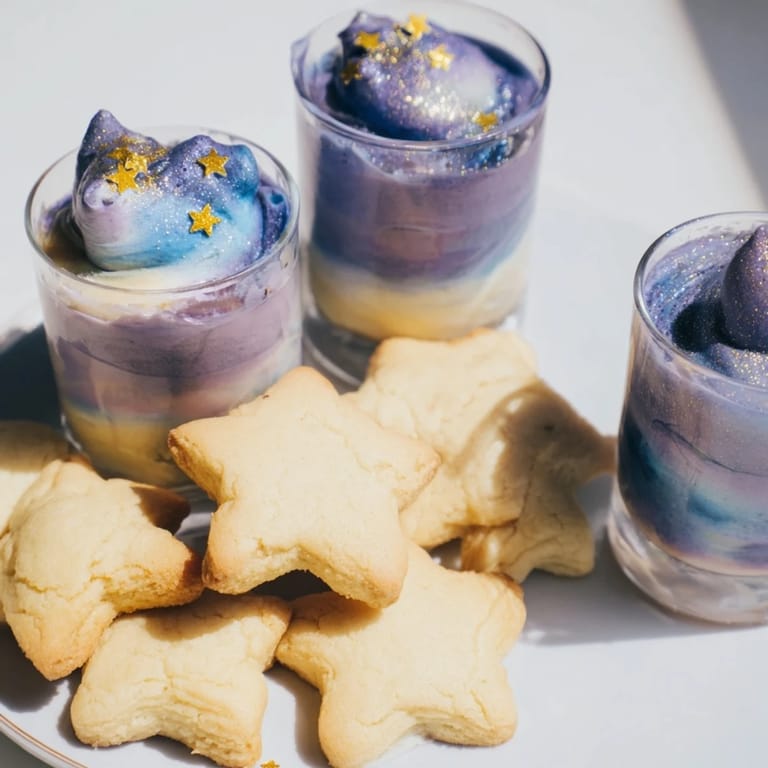 Golden star shortbread alongside layered mousse cups are key in this stunning Stargazers Dessert Platter.