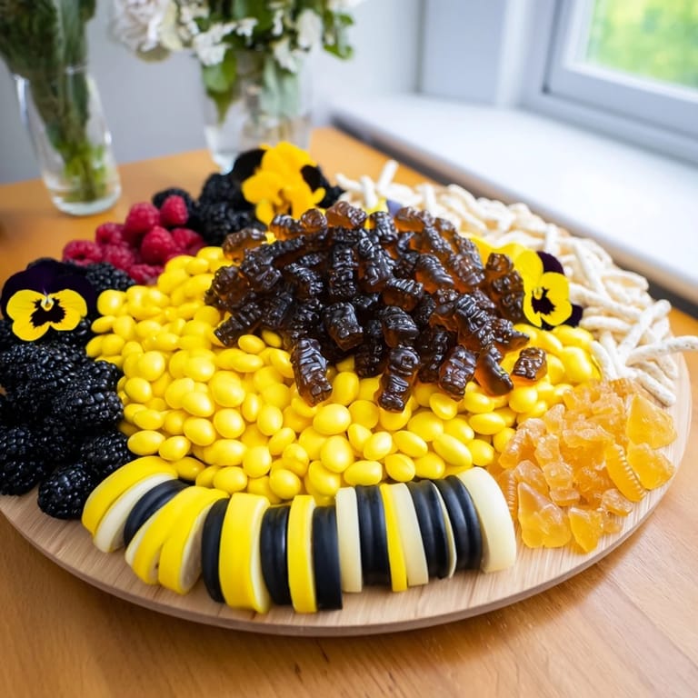 Vibrant Bumblebee Candy Board featuring lemon drops, gummies, and fresh berries, ready to serve and enjoy.