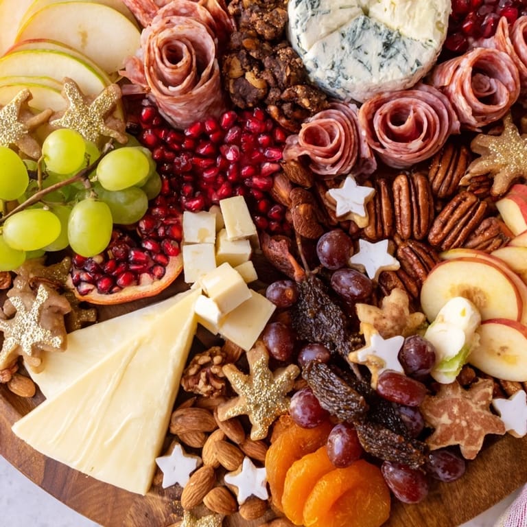 Feast your eyes, a Shining Bright Christmas 2025 Board with beautifully arranged festive cheeses and charcuterie delights.