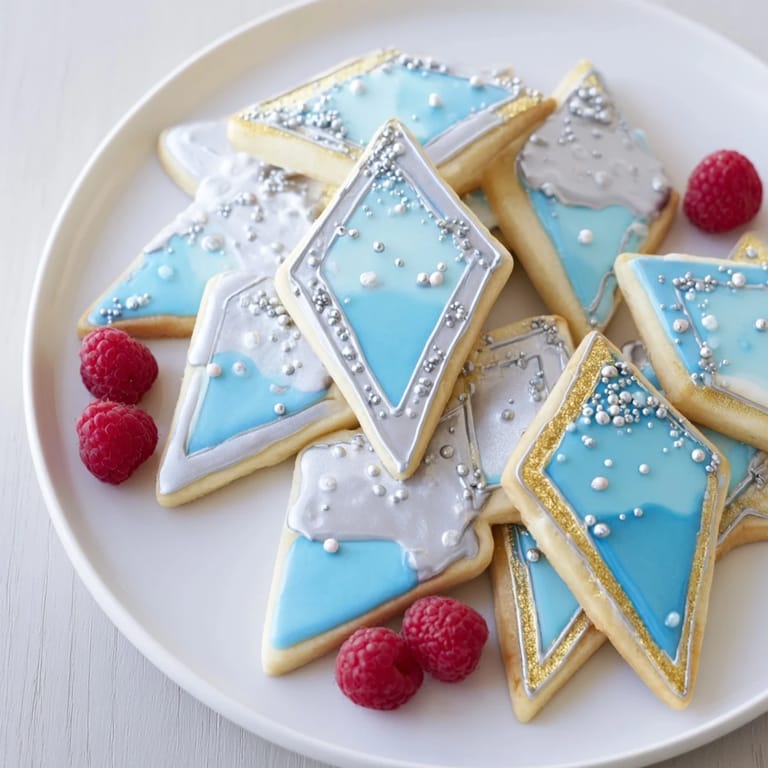 An elegant Engagement Ring Diamond Dessert Tray arrangement: diamond cookies and white chocolate jewels with fresh berries.