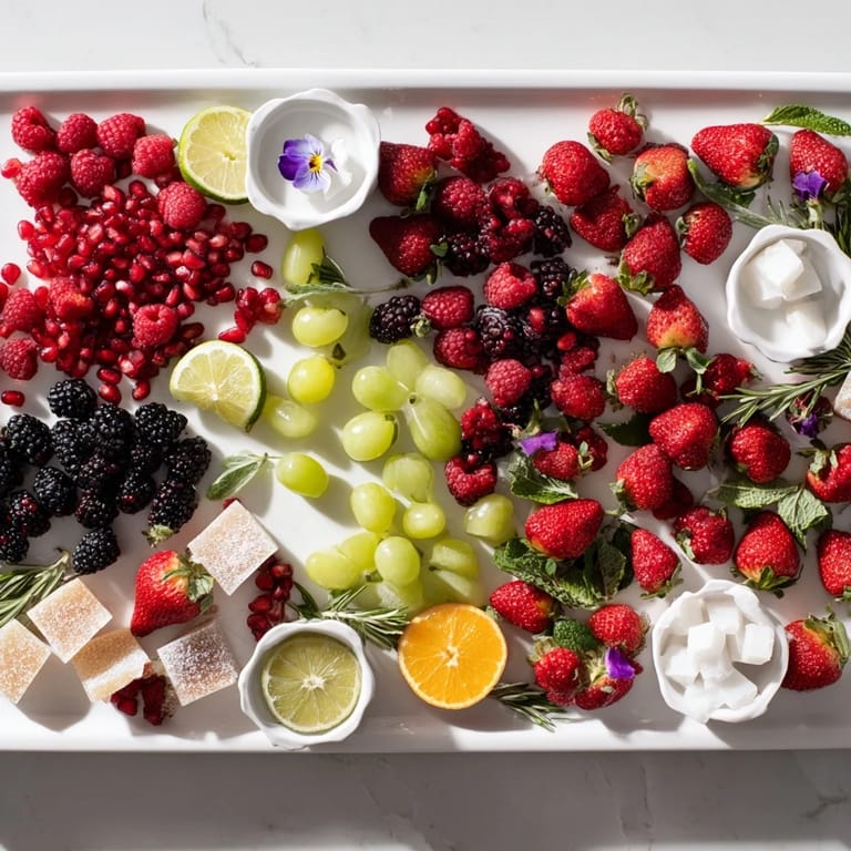 Elegant Bubbly Bar New Years Eve Garnish Tray features sugared cubes, herbs, and vibrant fruits, perfect for sparkling wine.