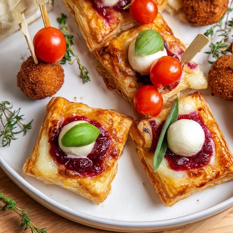 Joy to the World Festive Appetizer Trio: Golden-brown puff pastry bites hold melted brie and cranberry filling.