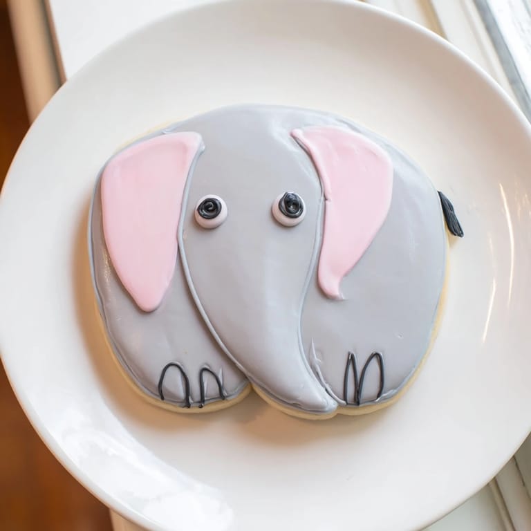 Delightful elephant-shaped Biscuits Amical Éléphant Géant cookies, iced and decorated perfectly for kids' parties.