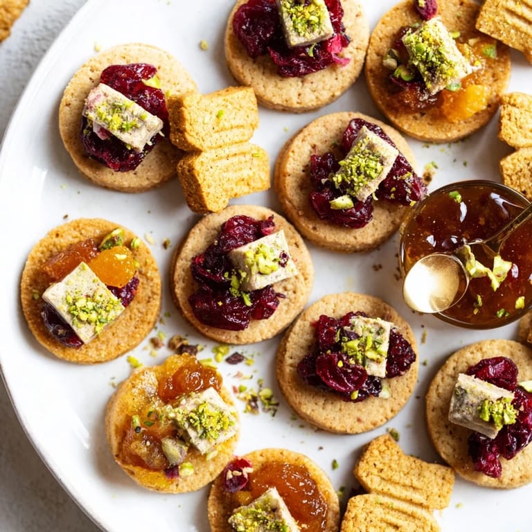 These Festive Christmas Joy Trios feature golden brie tartlets alongside chocolate bark and spiced cookies, perfect for sharing.