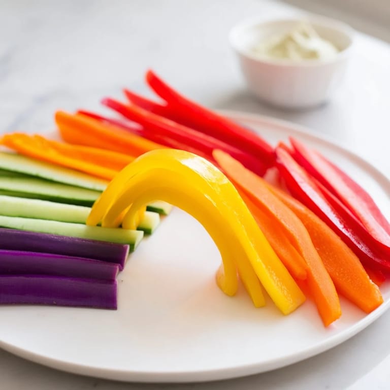 Crisp and refreshing rainbow arch veggie sticks served with a side of delicious hummus for dipping.