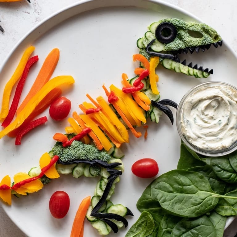 Colorful bell peppers and carrot "bones" showcase this creative T-Rex Fossil Crudités appetizer for a party.
