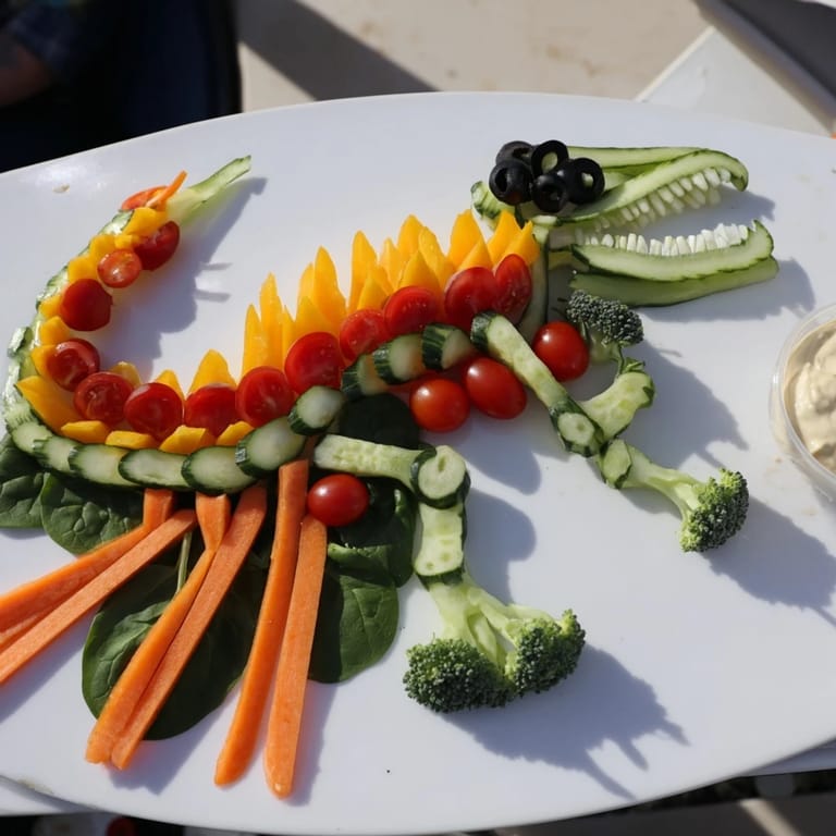Eye-catching T-Rex Fossil Crudités: fresh veggie "fossils" and creamy dip served, ready for dipping and fun.