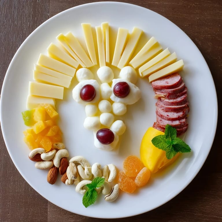 A close-up of the Lion King Savory Meat and Cheese Platter, showcasing colorful fruits and cheese cubes.