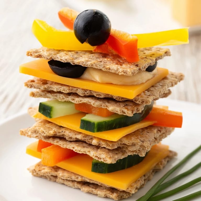 Imagine a close-up of a stacked Giraffe Tall Cracker, bursting with cheese and fresh veggies.