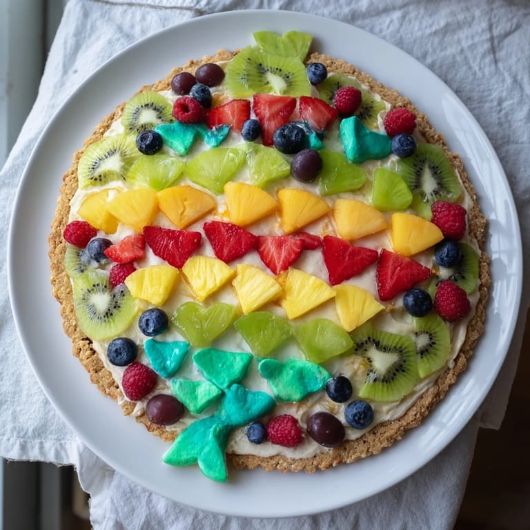 This Under the Sea Mermaid Tail Fruit Pizza features fresh, juicy fruit arranged on creamy frosting for serving.
