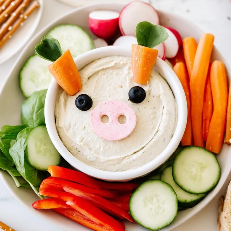 A close-up of a charming Piggy Face Dip Bowl with colorful veggie dippers ready to enjoy.
