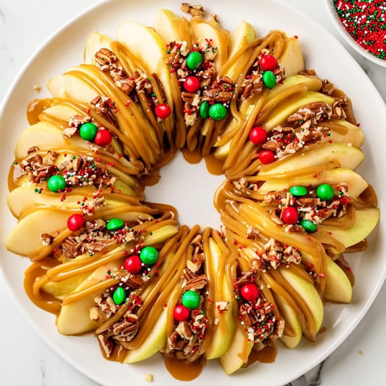 Sweet Caramel Apple Slice Christmas Wreath, perfect for sharing, drizzled with rich caramel and decadent chocolate.