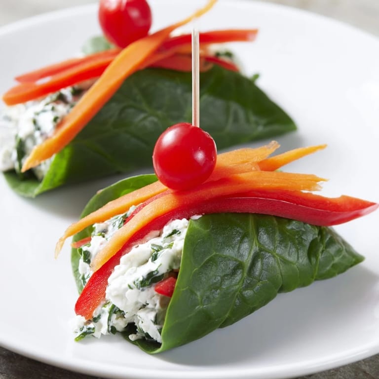 These fresh Holly Leaf Spinach Wraps feature a delightful presentation with cherry tomato garnishes.