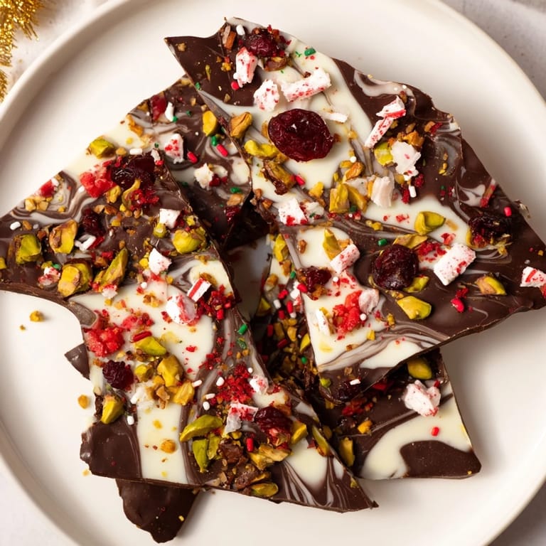 Close-up of vibrant Holiday Bark: rich dark chocolate base swirled with white chocolate, ready to enjoy.