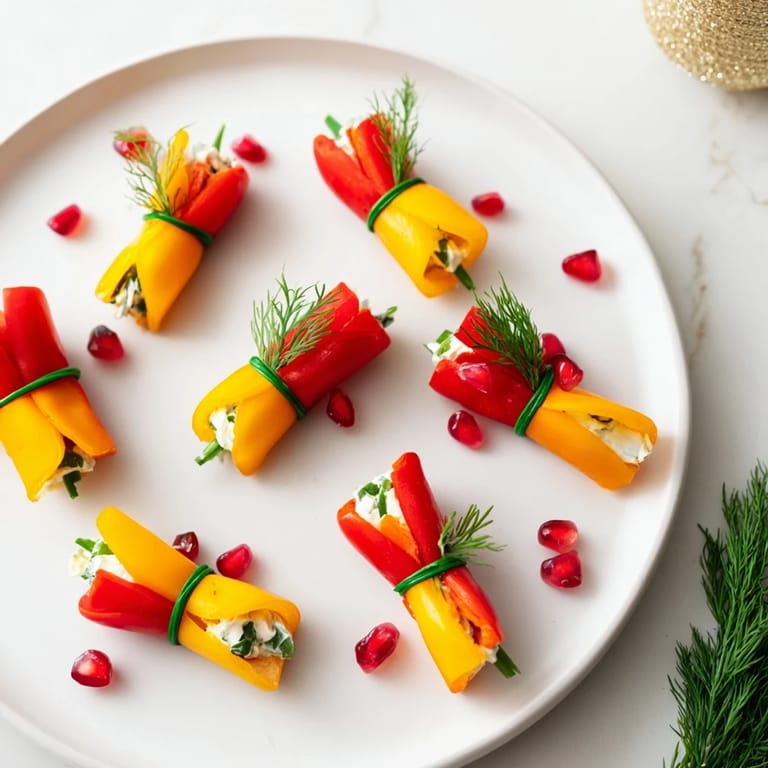 Creamy filling visible, nestled in each colorful Bell Pepper Christmas Bow, ready to eat and enjoy.