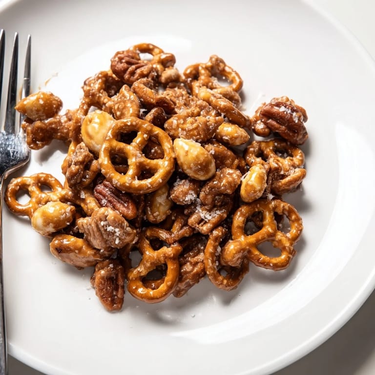 Homemade salted caramel pretzels and nuts: a sweet and salty treat, baked golden brown with ease.