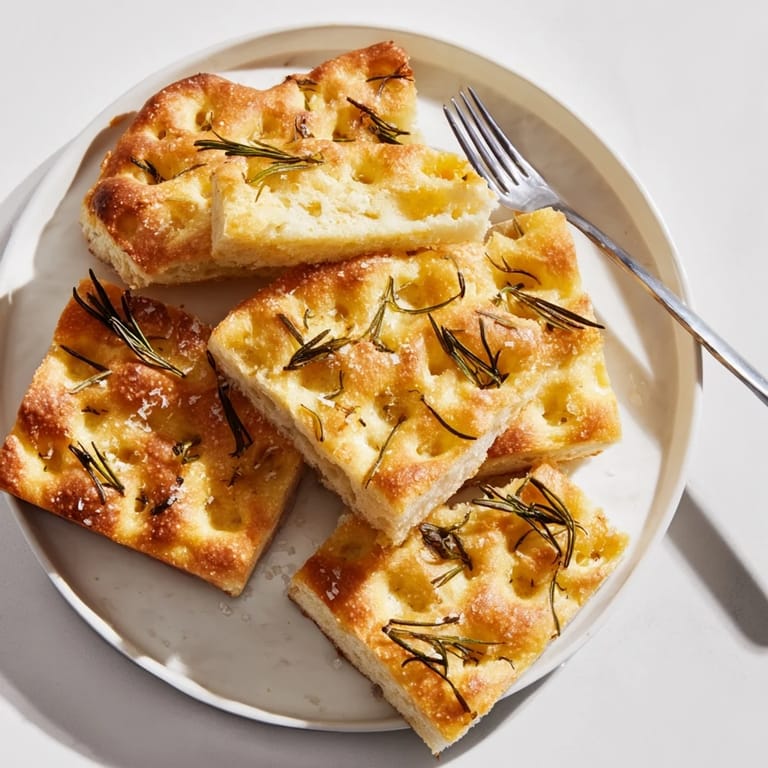 Warm, soft slices of Holiday Bread focaccia, perfect with olive oil, rosemary, and sea salt.