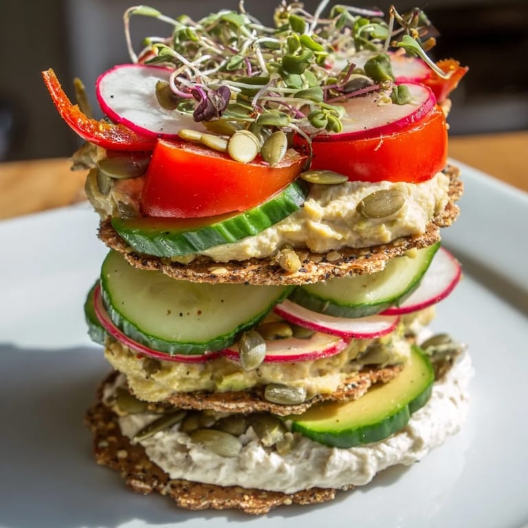 A beautiful Gluten-Free Gourmet Tower appetizer showcases layered gluten-free bread and vibrant toppings.