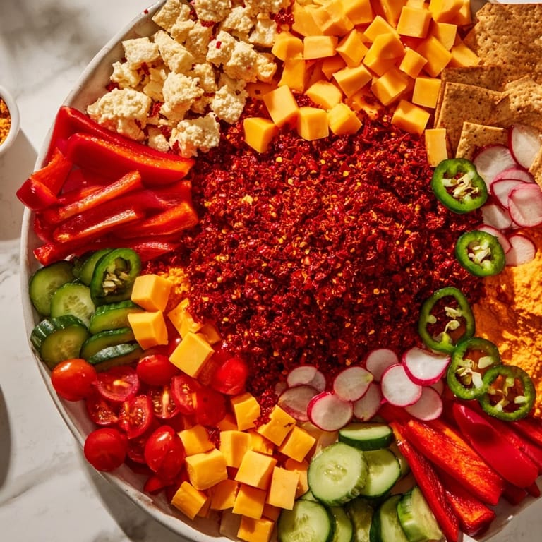 The Spicy Hot Take Platter arrangement, featuring cheddar and pepper jack cheese with hot peppers, looks amazing.