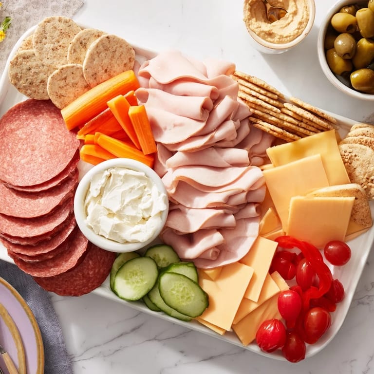 Freshly arranged budget-friendly family spread with vibrant cheddar, salami, and crisp vegetables ready for guests.