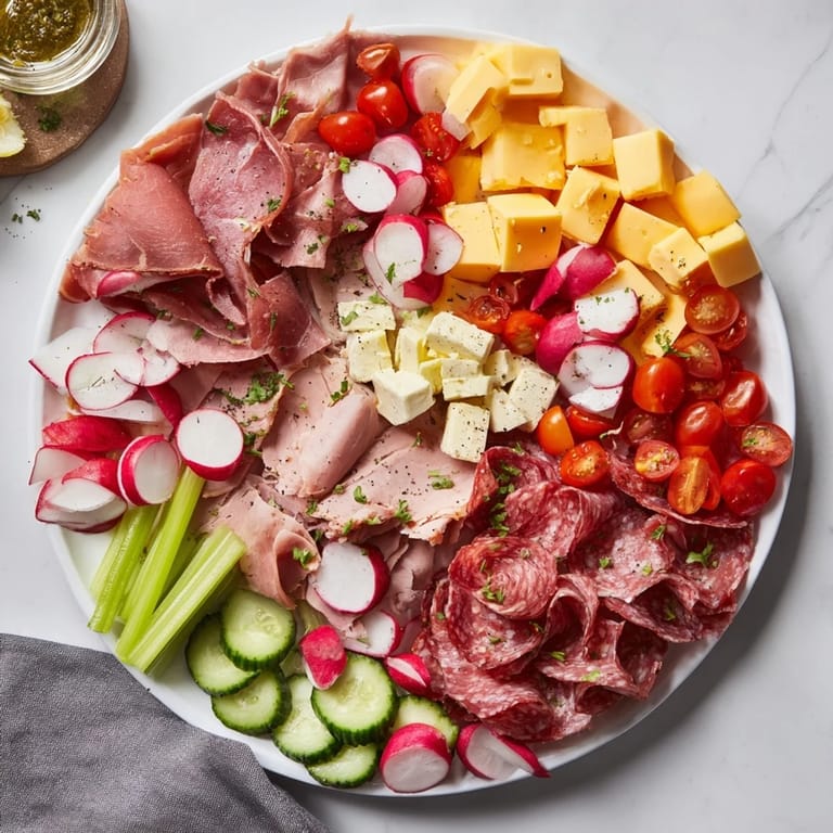 Vibrant Keto Power Plate arrangement: sliced meats, cheeses, and crunchy veggies, ready to enjoy.