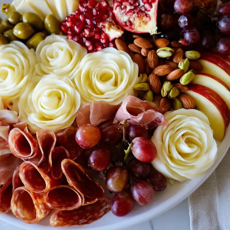 This Advanced Artisan Array showcases a lavish charcuterie board with cheese roses, grapes, and nuts.