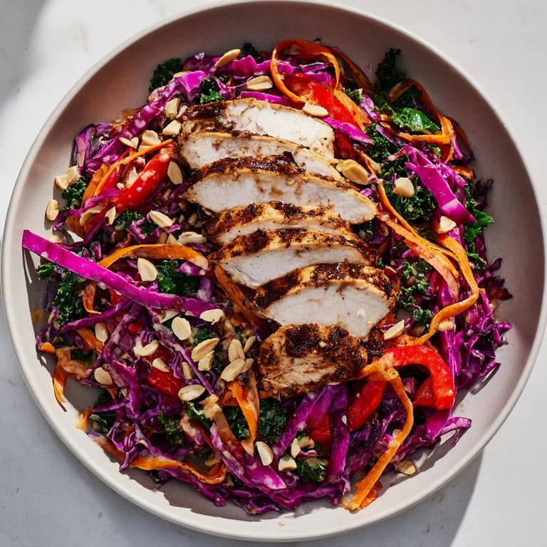 This bowl of Carrot Ribbon and Chicken Slaw features beautifully sliced chicken and crunchy, colorful vegetables together.