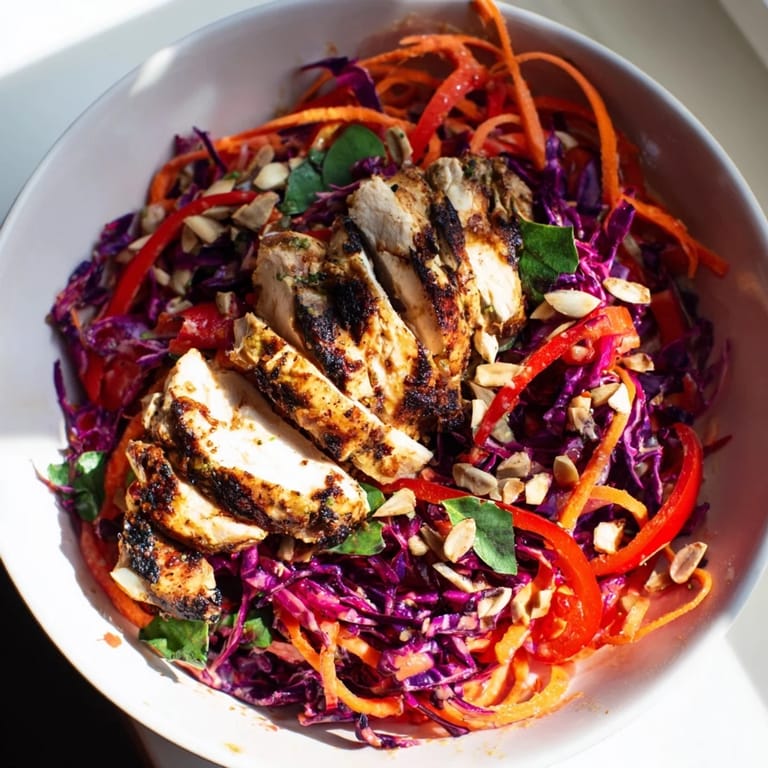 Enjoy this refreshing, dairy-free Carrot Ribbon and Chicken Slaw, tossed in a zingy ginger-miso dressing.