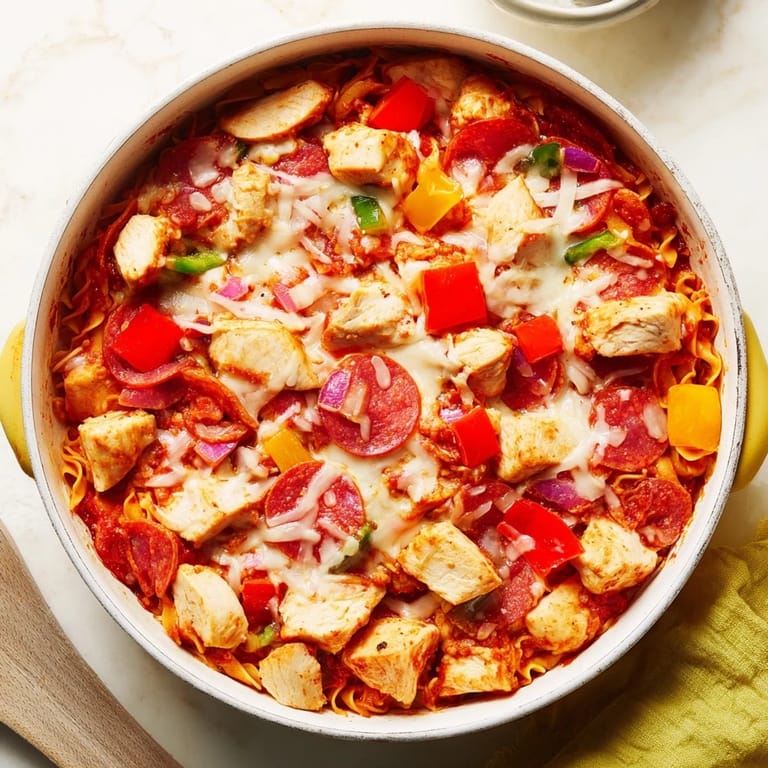 A close-up of the delicious One-Pan Pizza Pasta with rotini, cheese, and chicken in a skillet.