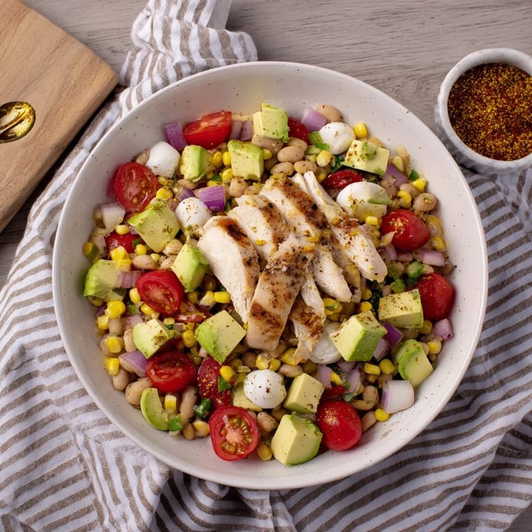 Close-up of a refreshing and hearty bowl of Dense Southwestern Bean Salad, ready to enjoy.