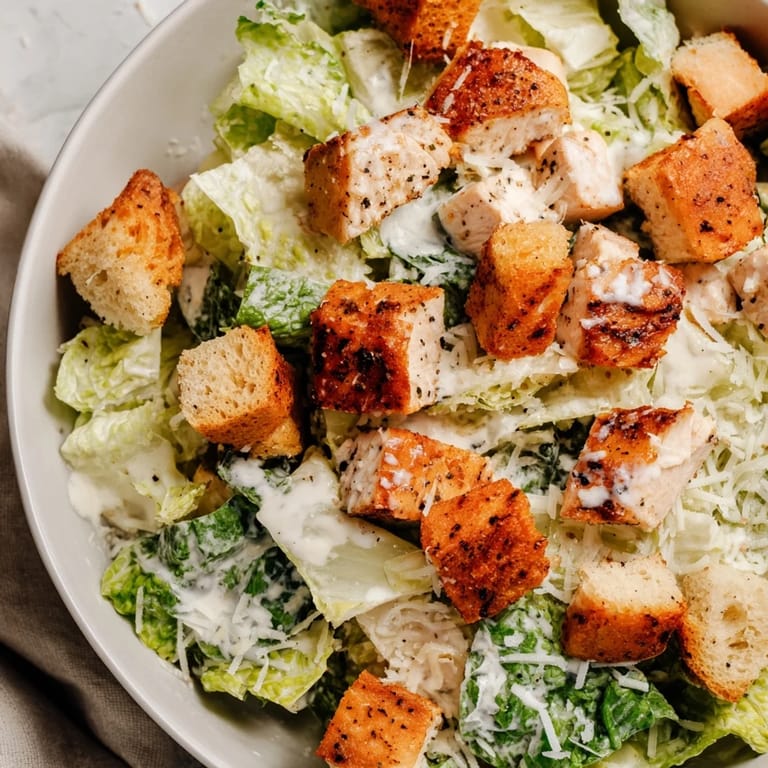 Close-up of Chicken Caesar Salad Skewers showing grilled chicken with crispy croutons and fresh romaine.