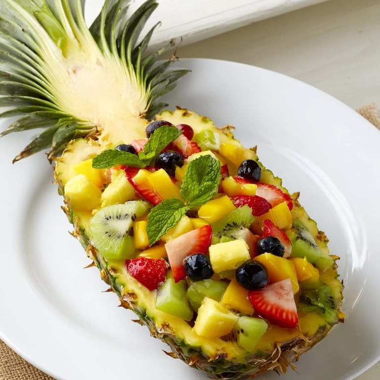 Hollowed-out pineapple half filled with a sweet Tropical Pineapple Fruit Boat salad; see the vibrant colors.