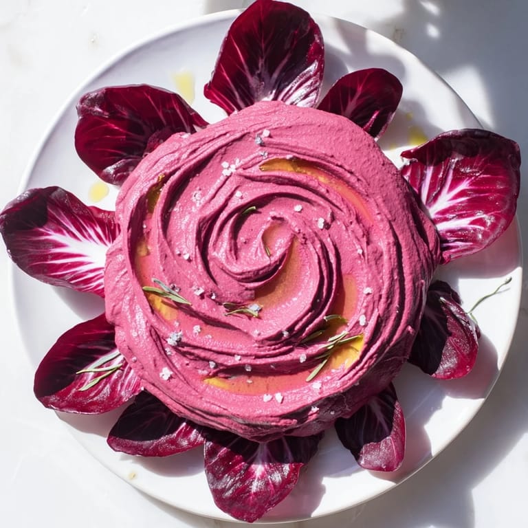 This elegant The Velvet Rose appetizer showcases creamy beet hummus roses, drizzled with olive oil and salt.