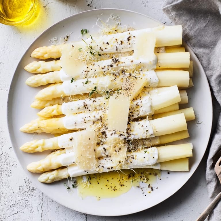 Freshly prepared The Silver Birch featuring tender asparagus, creamy cheeses, and truffle shavings.