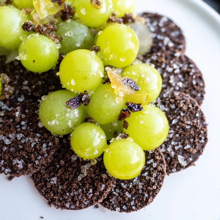 A magical edible Crystal Cave: sparkling treats – grapes and rock candy – nestled in dark chocolate wafers.
