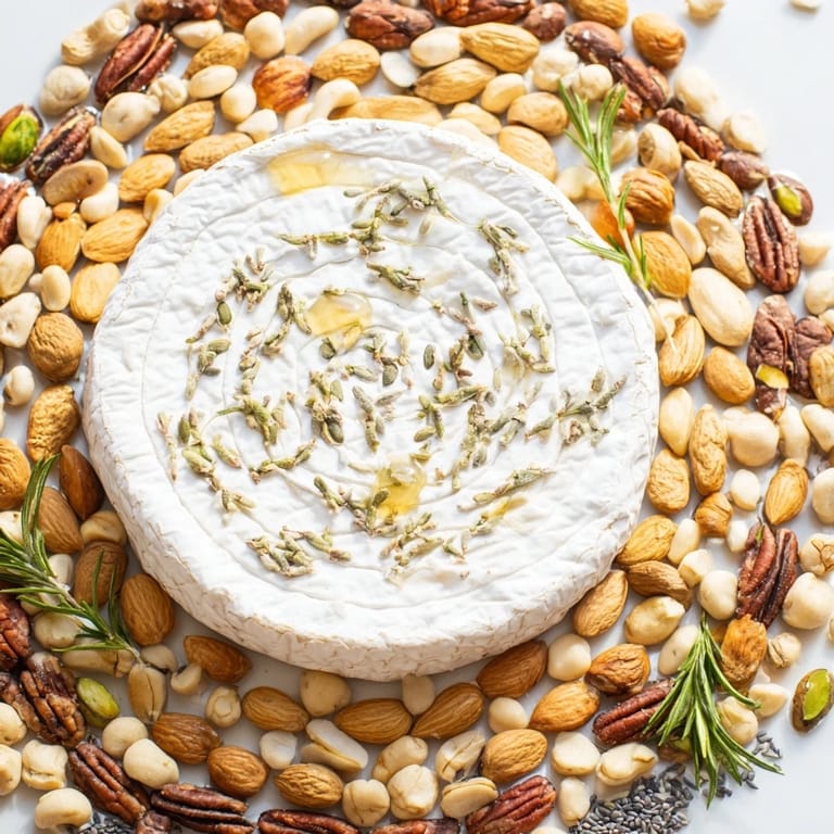 This "The Labyrinth" appetizer shows a delightful nut and seed labyrinth, leading to soft, ripe cheese.