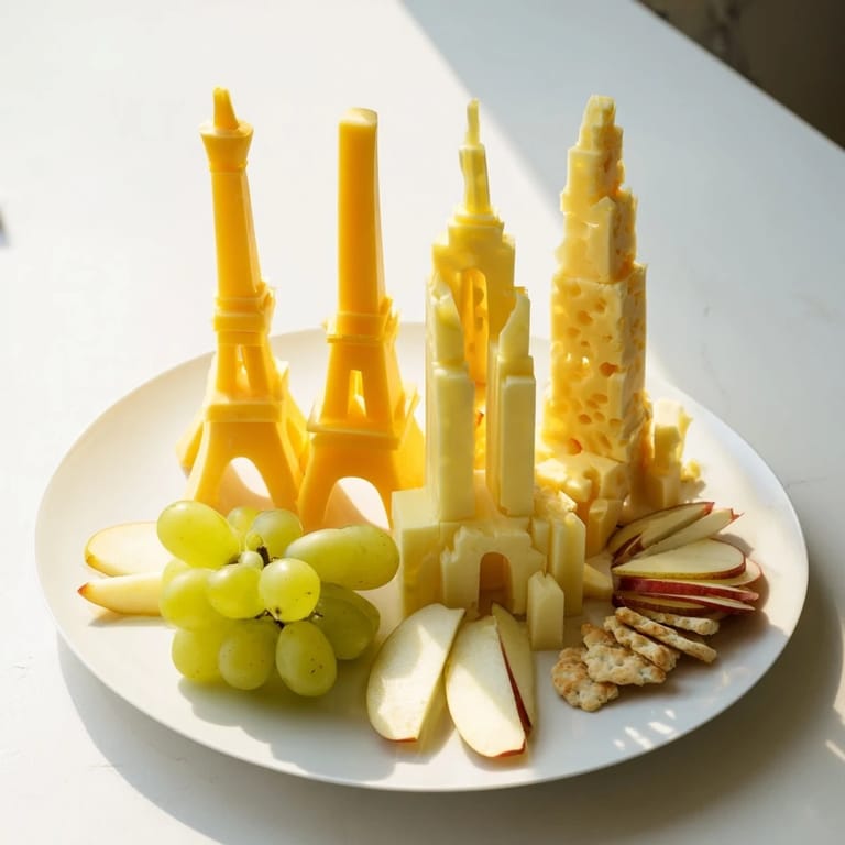Taste the delightful Skyline Silhouette: a cheese board featuring cheese shaped as building silhouettes, plus crackers.