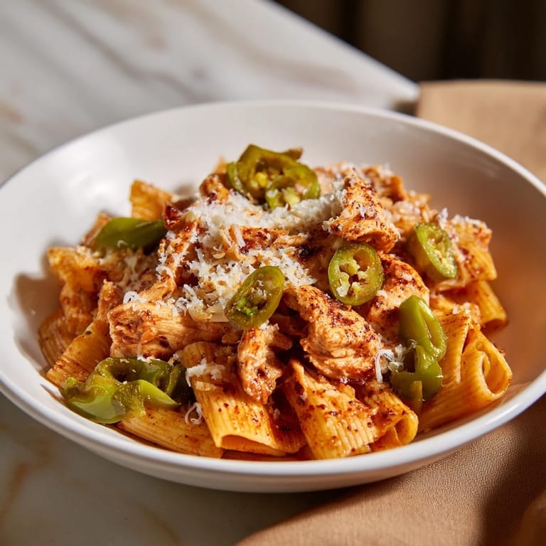 A delicious serving of Pasta Chip Nachos: crunchy pasta, savory chicken, and a perfect cheesy bite.