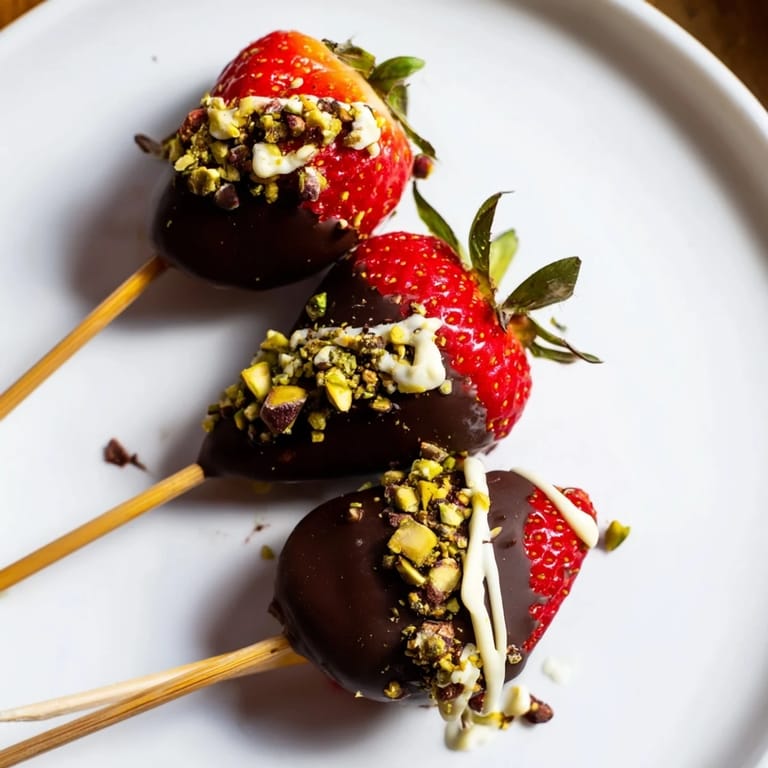 Freshly made chocolate-dipped strawberry skewers, garnished with nuts, ready to enjoy bite by bite.