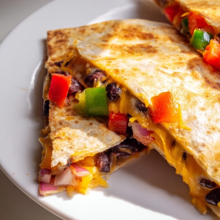 A close-up of a sizzling Black Bean Quesadilla, showcasing melted cheese and crispy tortilla edges.