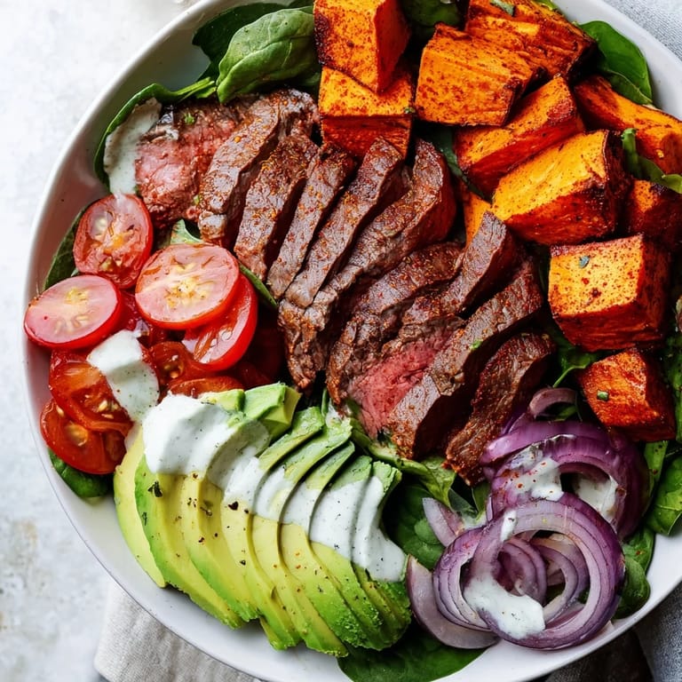 Vibrant image of a freshly prepared Beef Avocado Sweet Potato Bowl with fresh cilantro and lime dressing.