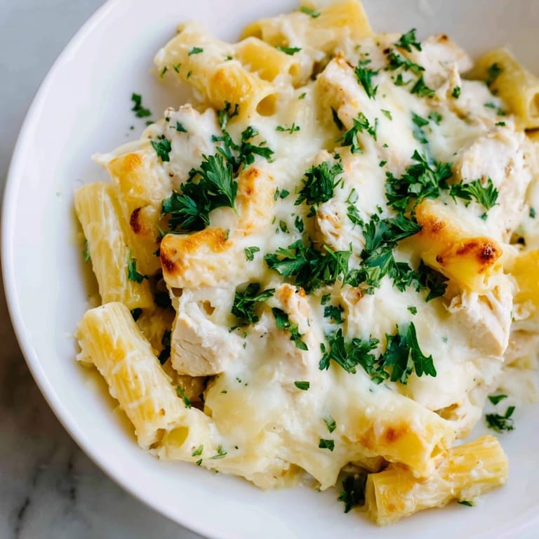 A close-up of a creamy Chicken Alfredo Bake, showing the rich Alfredo sauce and golden crust.