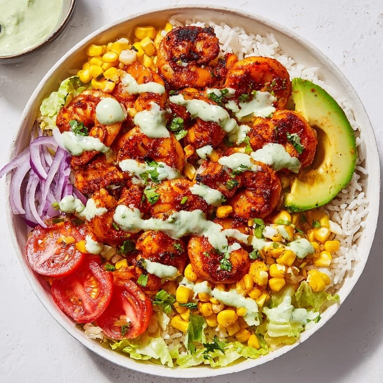 Golden Cajun shrimp glistens atop a colorful bed of rice and vegetables inside these irresistible taco bowls.