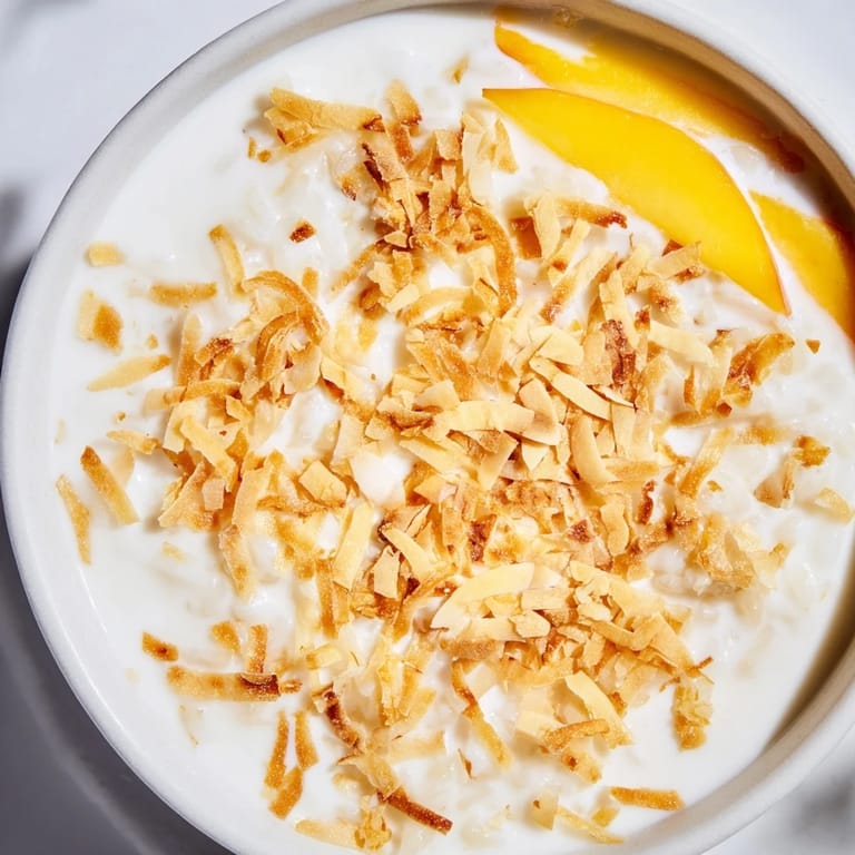 A close-up of warm Toasted Coconut Rice Pudding, with visible rice grains and a sweet coconut aroma.